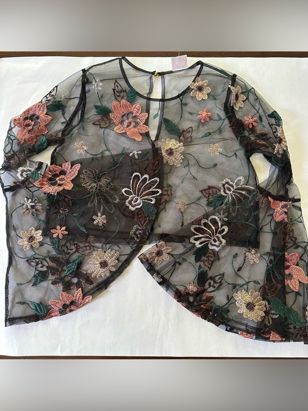 Impulsive Sheer Mesh Black Floral Embroidered Bell Sleeve Boho Whimsigoth Top S